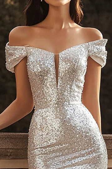 Sparkly Off The Shoulder Mermaid Silver Engagement Dress